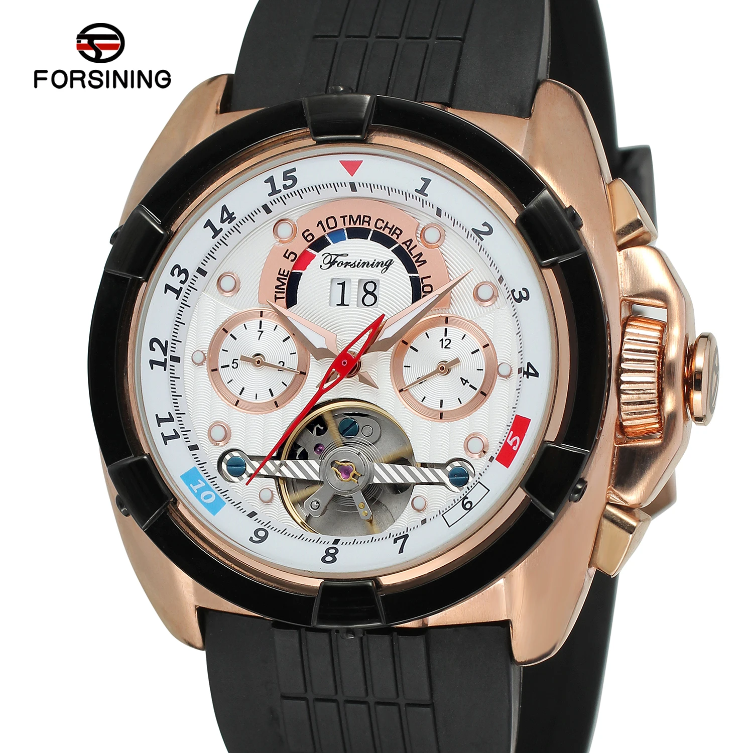 

FORSINING Top Brand Men Auto Mechanical Watch Silicone Round Date Multifunction Tourbillon Sub-dials Military Sport Wristwatches