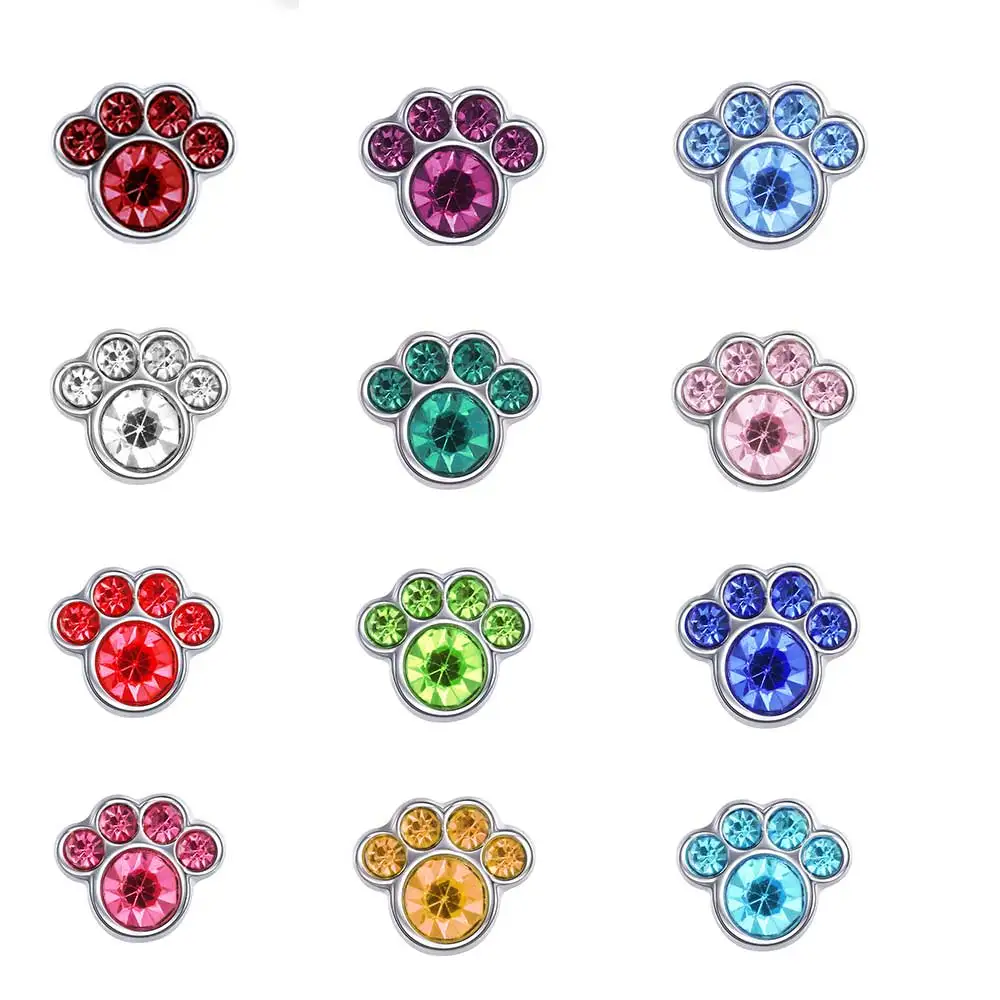 

10pcs Mesinya Silver Color Rhinestone Birthstone 12 Months Pet Dog or Cat Paw Custom Floating Charms for Glass Locket Pendant