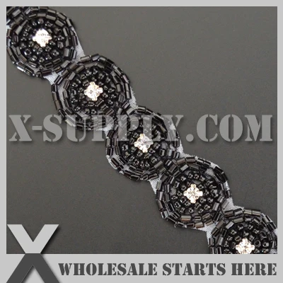 Free Shipping Crystal Rhinestone Applique Trimming with Black Beads for Wedding Bridal Sash,Headband and Shoe/Wholesale Bulk