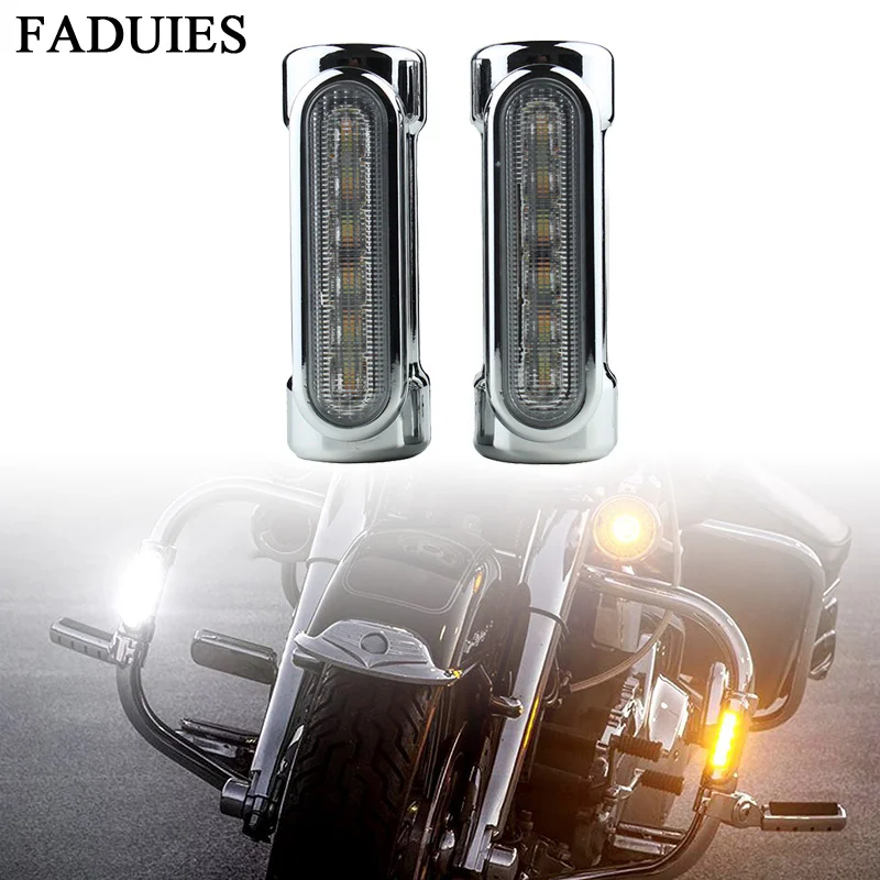 FADUIES negro/cromo motocicleta barra de carretera Switchback luz de señal de giro blanco ámbar LED para barras de choque para modelo Harley Touring