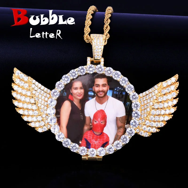 

Bubble Letter Custom Photo Necklace for Men Picture Projection Pendant Angel Wing Medallion Real Gold Plated Hip Hop Jewelry