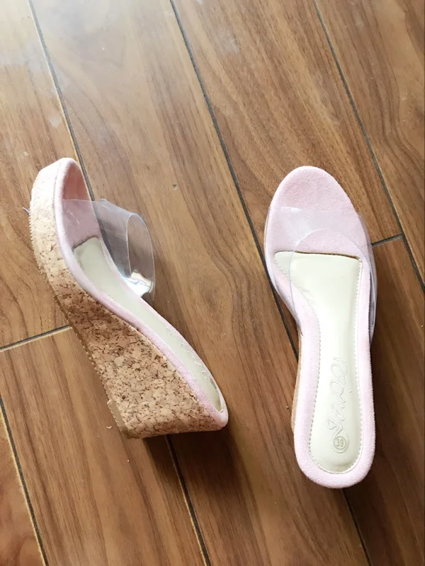 2019 HOT Summer Slippers Women Transparent Sequins Platform Wedge Thick Sole High Heels 6.5CM Mules Slides Sweet Beach shoes