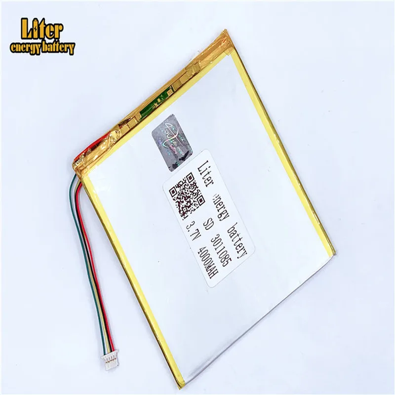 Batterie Lithium li-po Rechargeable, 1.0MM, connecteur 5 broches, 3.7v, 3011085, 4000mah, polymère, pour MP5, GPS, DVD, tablette PC, E-book