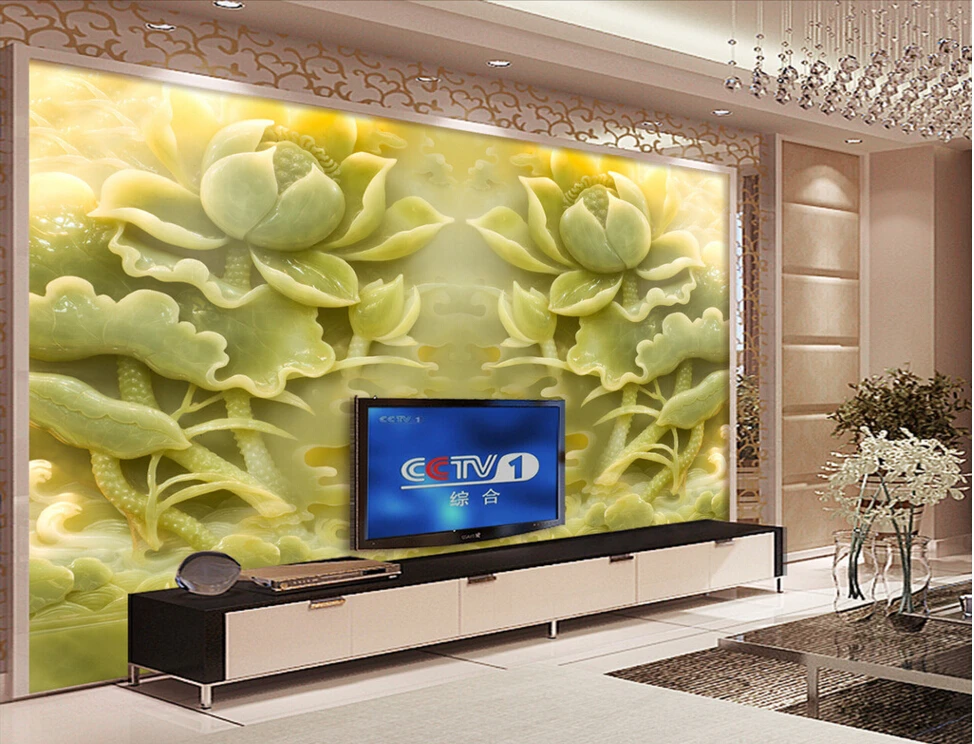 

Custom wallpaper mural flowers,Jade lotus,3D modern for living room bedroom TV restaurants backdrop embossed wallpaper