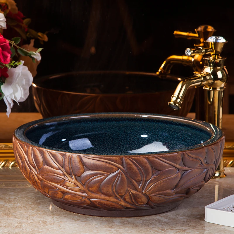 

Black Glazed Hand Painting Art Porcelain Counter top Handmade Bathroom Vessel Sinks Vanities professional ceramic wash basin