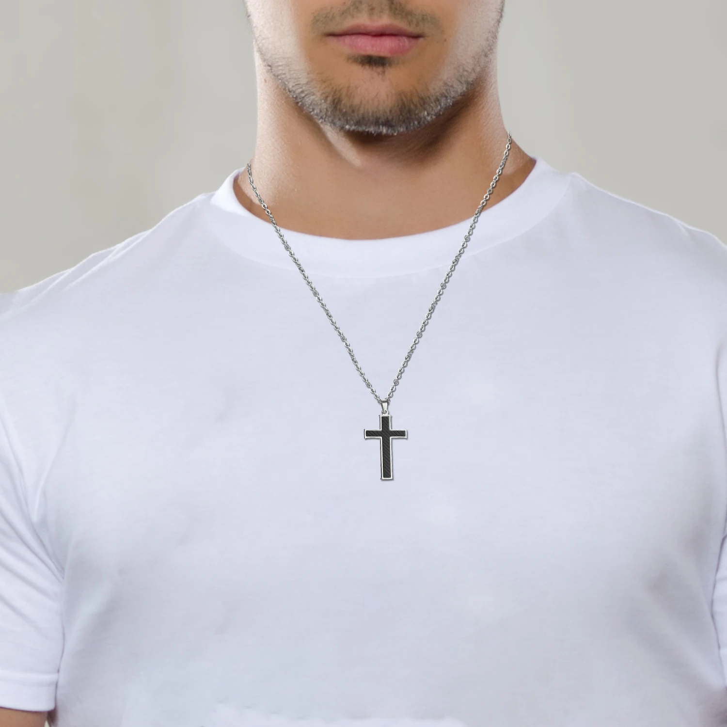 BONISKISS Carbon Fiber Stainless Steel Mens Cross Necklace Pendant, Black Silver Color , 21.5 inch Chain