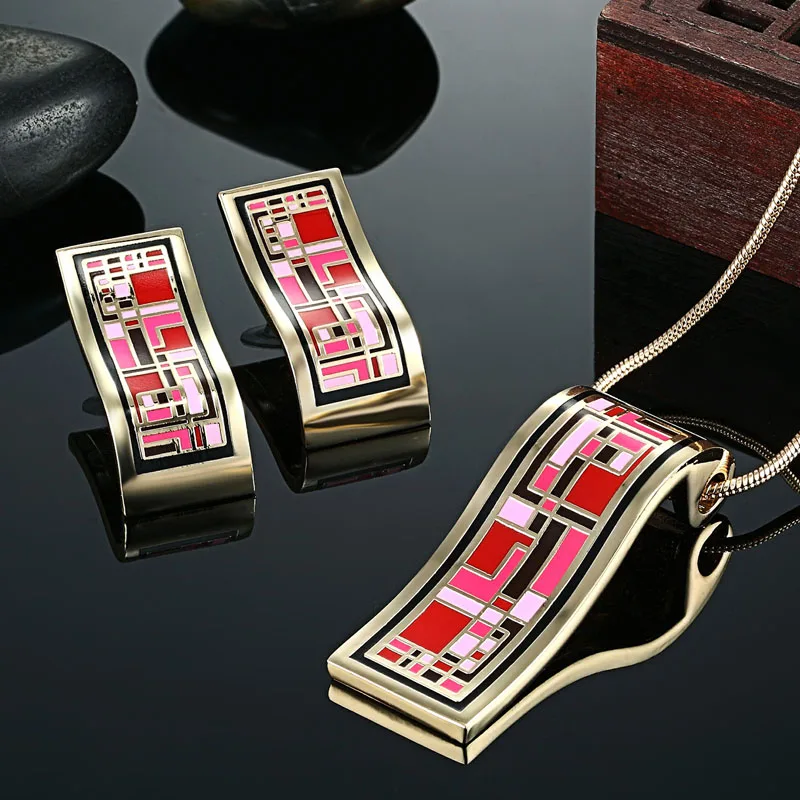 Zlxgirl jewelry Red Pink color Russian design Enamel necklace Earring jewelry sets Brand gold color wedding Bridal accessory Ear