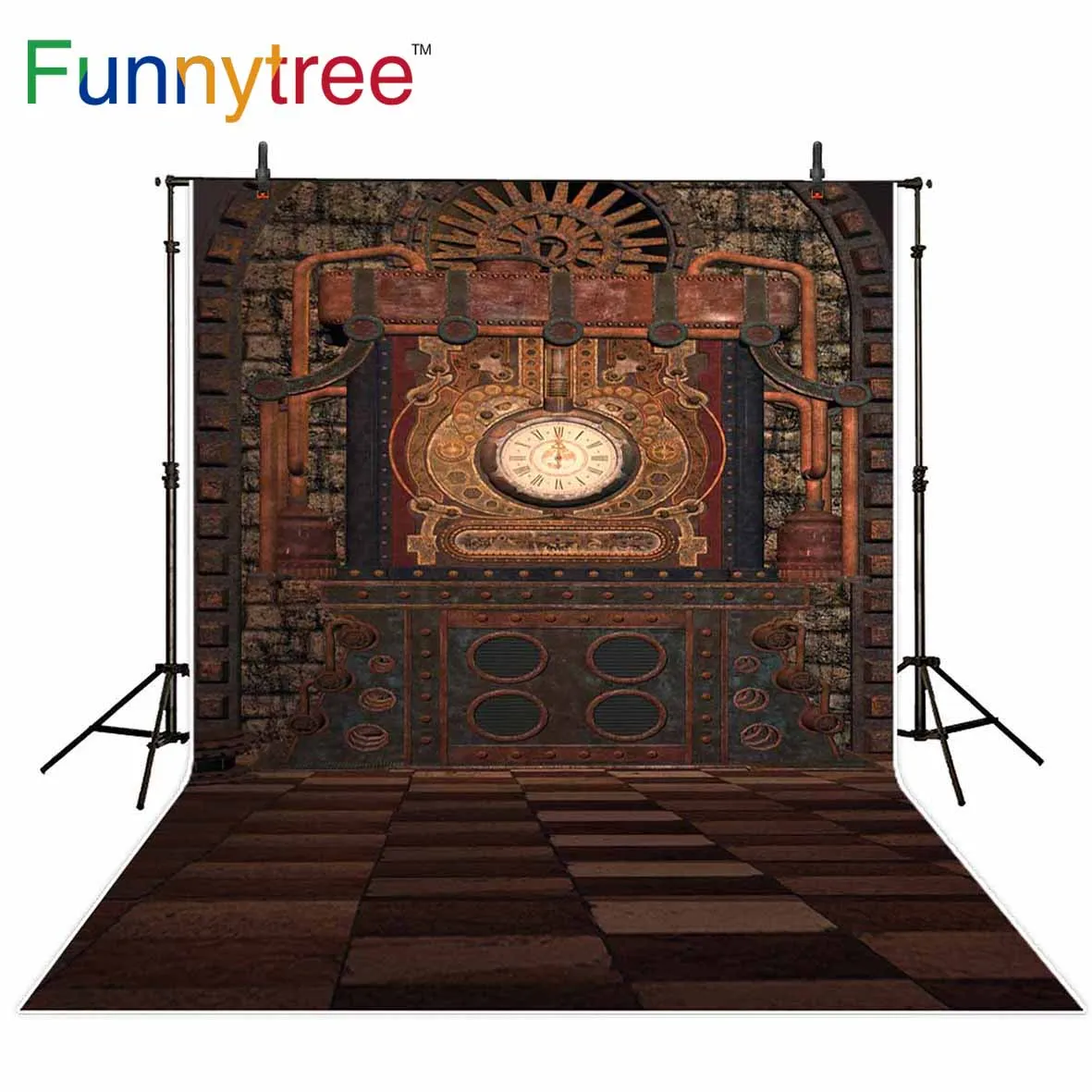 Funnytree background for photo studio Steampunk clock fantasy gears vintage brick wall photography backdrop photobooth prop