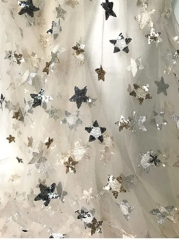 GLace 1Y/Lot Sequin Mesh Fabric Stars Embroidery Fabric for Dress Wedding Lace Decoration Custom DIY Lace Fabric TX924