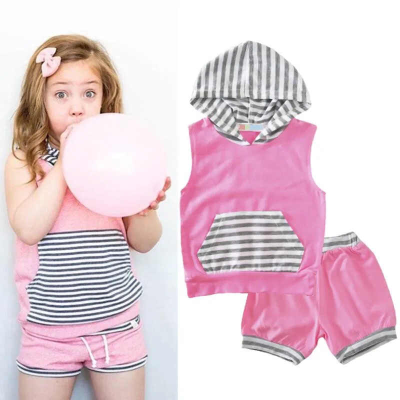 

Baby Clothes Suit Sleeveless Sport Hooded coat+pant Sleeveless Children Tracksuit Pink Color Striped Toddler Girls Clothing A209