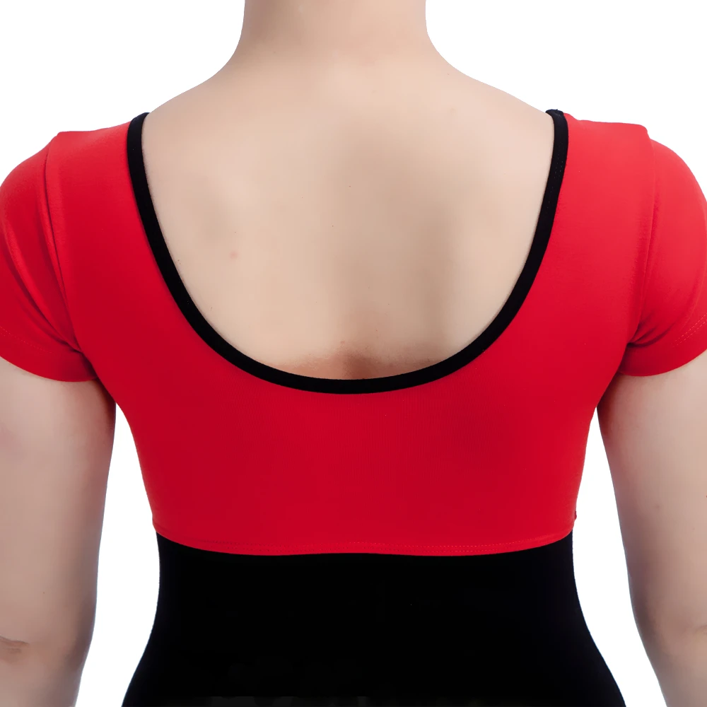 Retail Wholesale Red with Black Cotton/Lycra Short Sleeve Two-tone Tank Dance Leotard for Ladies and Girls