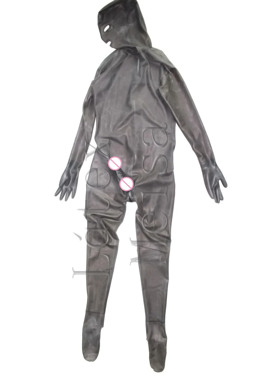 

Transparent black full cover homme tight latex catsuit with con dom with latex hoods attached back zip to crotch