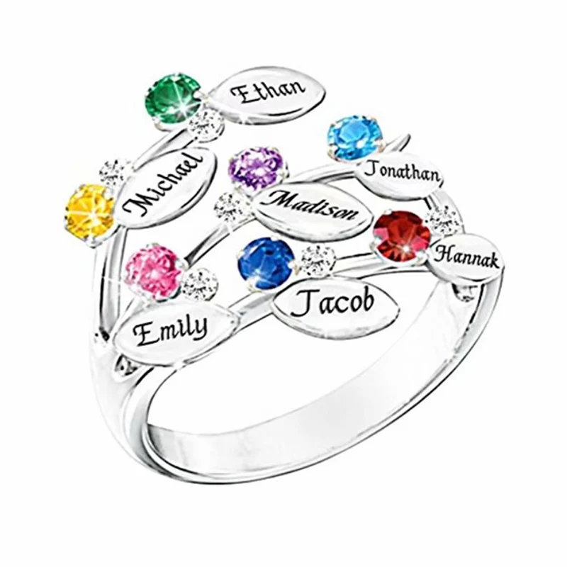 Amxiu Custom 100% 925 Sterling Silver Ring Engrave Seven Names Rings with Birthstones Family Mother's Day Gift Friends Jewelry