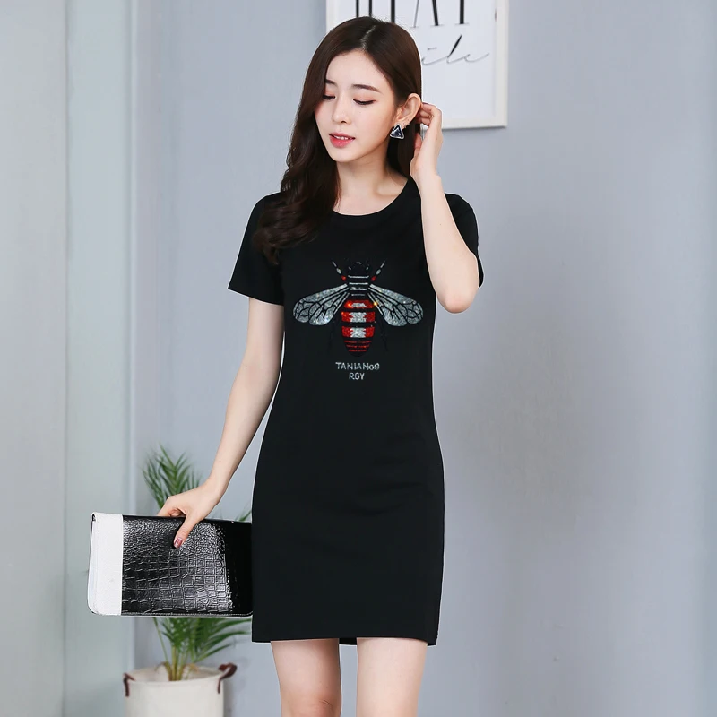 Camiseta de manga corta para mujer, Vestido ajustado con estampado brillante de cristal, estilo coreano, top de algodón, Verano