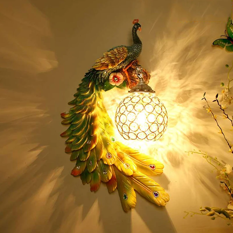 Creative Resin Peacock Wall Lamps Colorful Gold White Villa Hotel Crystal Wall sconce Home Decor Living Room Corridor Luminaires