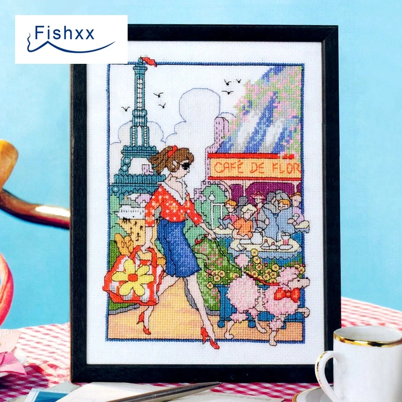 European Magazine Fishxx Cross Stitch Kit Crazy110-2 Paris Return Character Street Fashion Girl and Her Dog