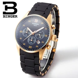 Luxury Brand Switzerland BINGER Men Stainless Steel Sapphire Luminous Gold Quartz Watches Hunter Three Eye Stopwatch waterproof