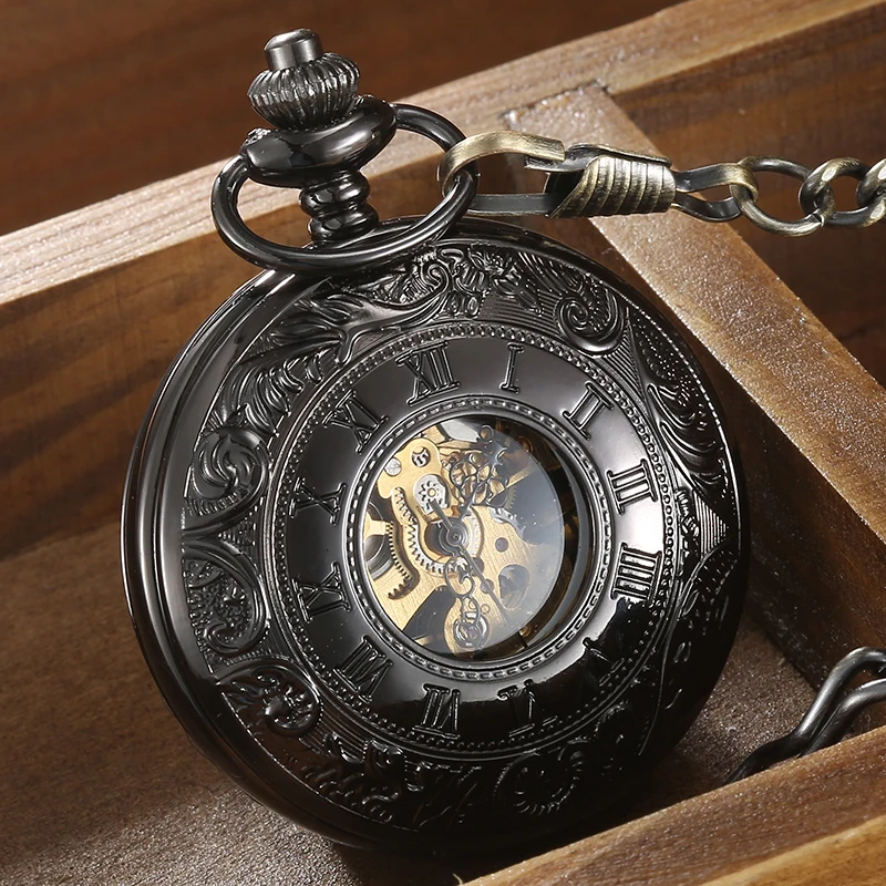 Vintage Hollow Carving Analog Steampunk Mechanical Half Hunter Watch Roman Numerals Waist Chain Hand Winding Men Pocket Watches