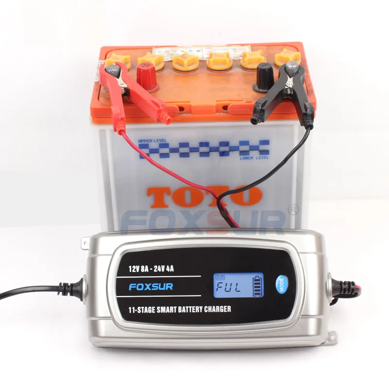 FOXSUR 12V 8A 24V 4A 11-stage Smart Battery Charger, Car Truck  AGM EFB GEL WET Battery Charger, Lead Acid Charger LCD Display