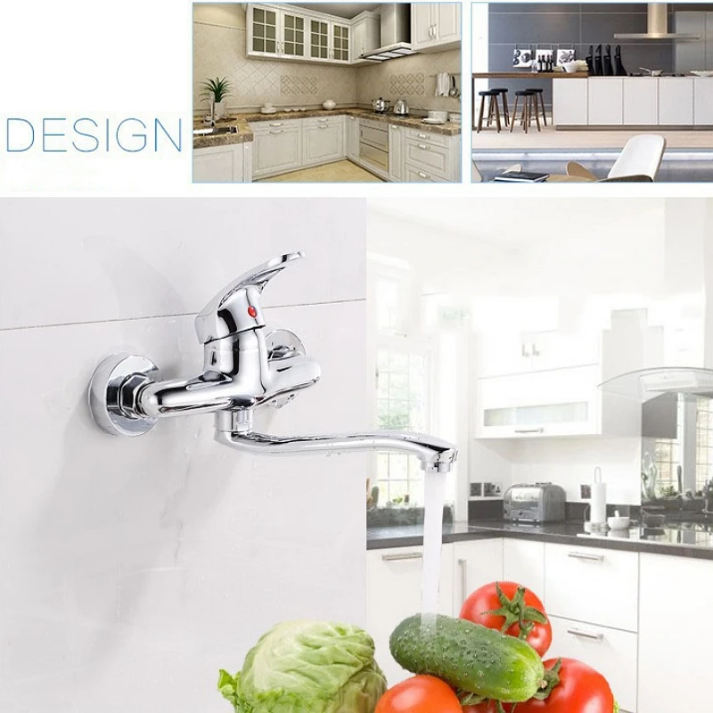 Wall Mounted Kitchen Faucet Copper Lengthened 360 Degree Swivel Water Tap Double Holes Hot and Cold Sink Mixer Tap Mop pool Tap