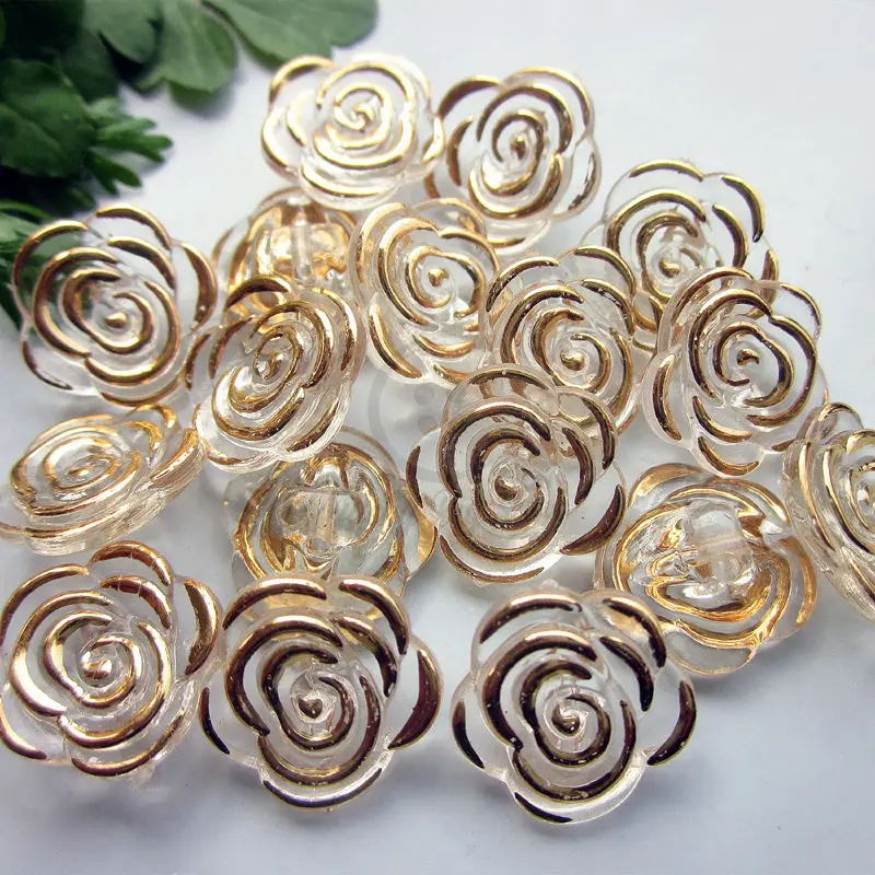 50pcs 12.5mm Gold Edge Transparent Rose Flower Acrylic Buttons for Decoration Handmade Craft Sewing Accessories