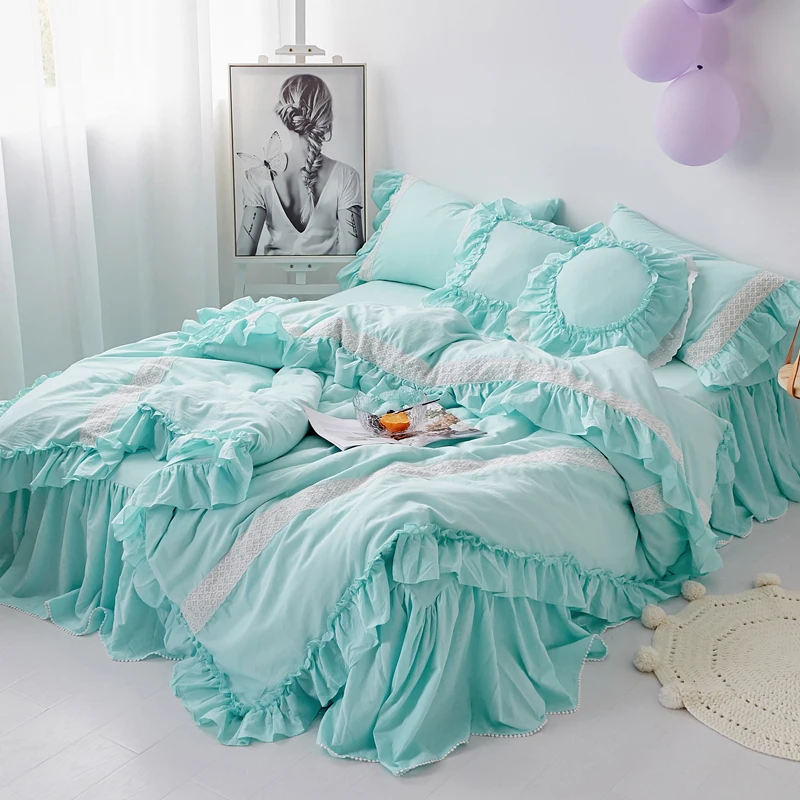 Washed Cotton Shabby Chic Ruffled Duvet Cover Set Quilt Cover Korean Princess Girls Bedding Set Bedskirt Twin Queen King Size