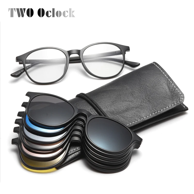 TWO Oclock Magnet Sunglass Women Men Polarized Lens Optical Spectacle Frame Clip On Glasses Men Round TR90 3D Night Vision A2245