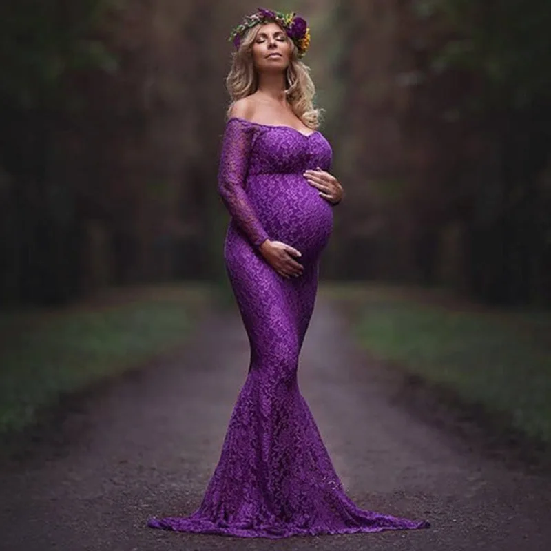 Fashion Maternity Dress for Photo Shoot Maxi Maternity Gown Shoulderless Lace Fancy Sexy Women Maternity Photography Props