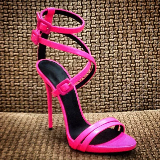 

Hot selling elegant concise thin strappy crisscrosss stiletto heel sandals fluorescent red strap buckle high heel sandals