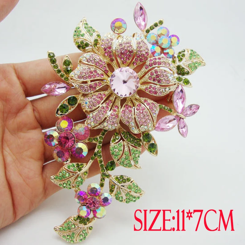 Big New Elegant Pink Crystal Flower Brooch Rhinestone Pin Romantic Wedding Bride Bridesmaid Large Brooches For Woman Jewelry