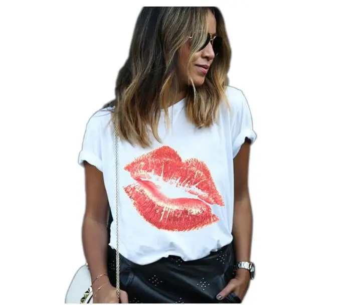 

Cheap 2022 Summer Women's Short-sleeve Tops Red Lips Printed T-shirt Short Tops Midriff Ladies Casual Tees *new*