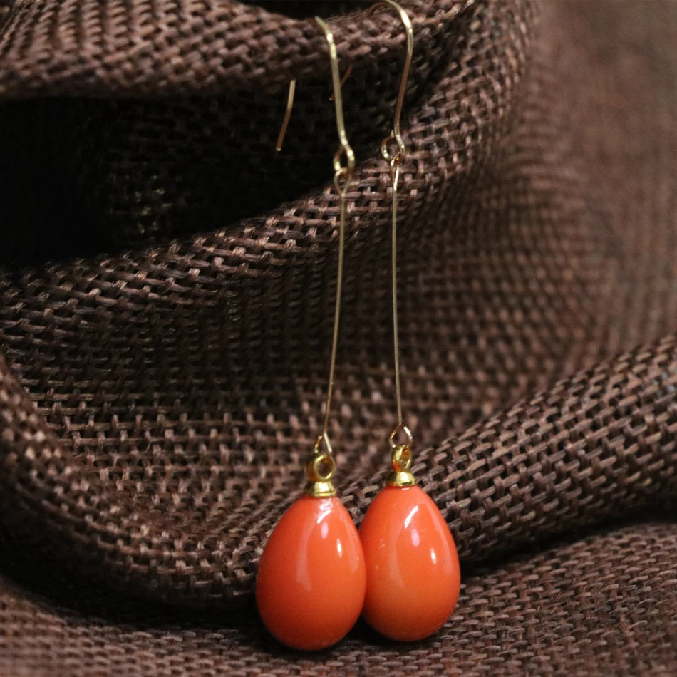 Hot sale gold-color long earrings for women 9*13mm orange teardrop baking paint glass long dangle eardrop jewelry B1796