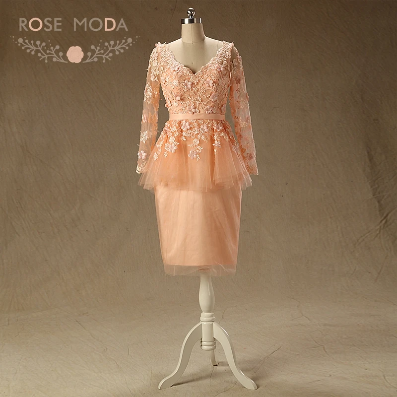 Rose Moda Long Sleeves 3D Floral Short Peach Prom Dress Real Photos