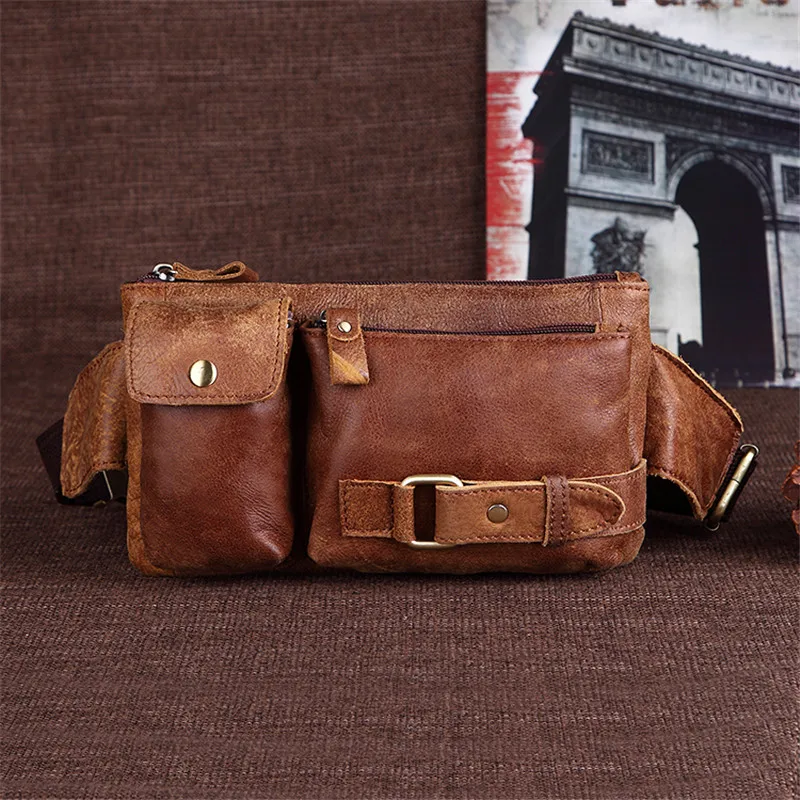 Nesitu High Quality Brown Coffee Vintage 100% Guarantee Real Skin Genuine Leather Men Waist Bags Women Cowhide #M8135