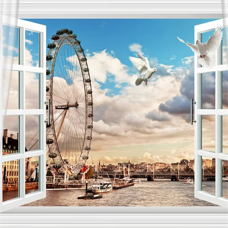 wellyu Windows Ferris Wheel London, England Big Ben 3D TV Wall Custom Large Mural Green Wallpaper papel de parede para quarto