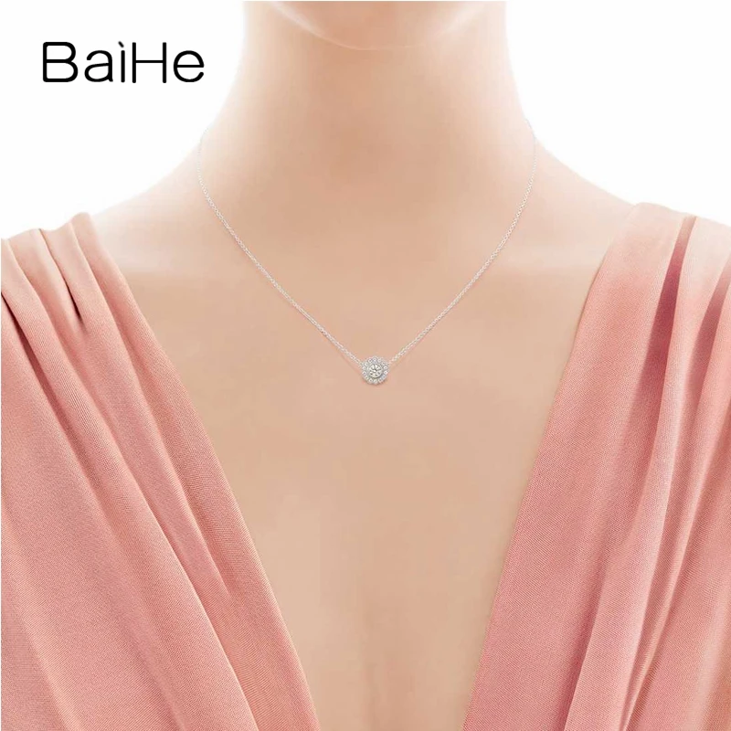 BAIHE Solid 18K White/Rose Gold 0.17ct H/SI Natural Diamond Flower Necklace Women Men Fine Jewelry שרשרת פרחים Collana di fiori