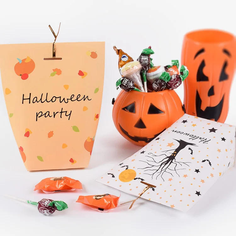 

100 Pcs Halloween Box Ribbon Star Bat Small Kraft Paper Gift Bag Cookies Candy Box Packaging Halloween Party Favors 8x5.5x16.5cm