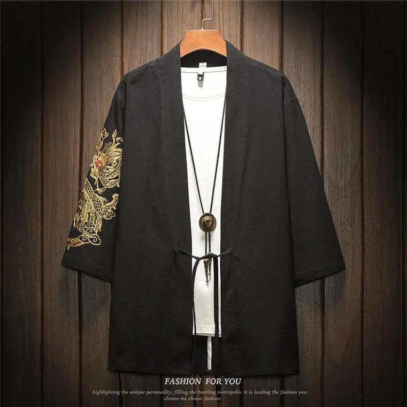 M-5XL Japanese Streetwear Kimono Shirt Men Chinese Dragon Embroiderd 3/4 Sleeve Collarless Shirts Cotton Office Wear XXXXXL