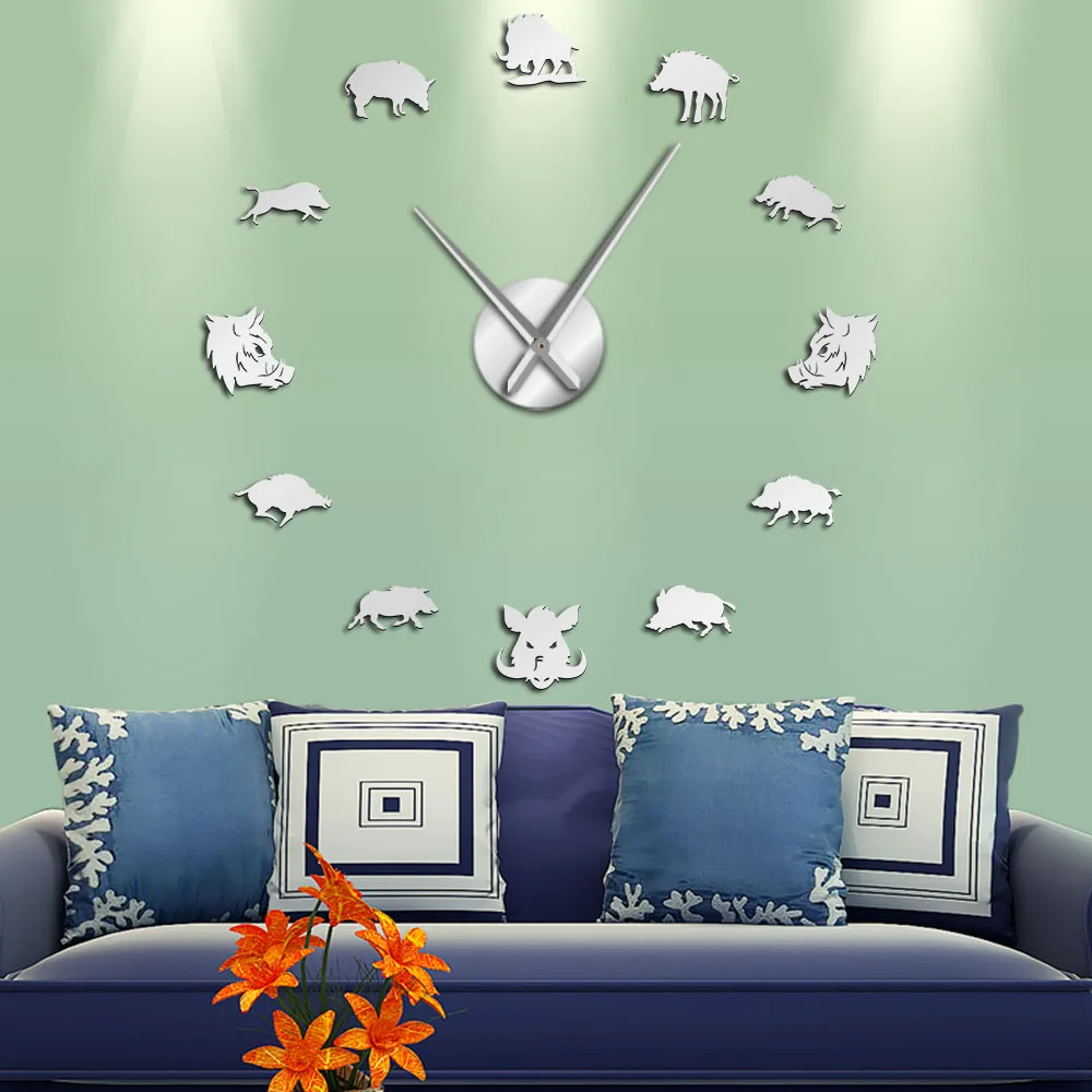 Sus Scrofa Wild Boar Figures Wall Art Mirror Stickers DIY Giant Wall Clock Wild Pig Large Hanging Clock Wall Watch Hunter Gifts