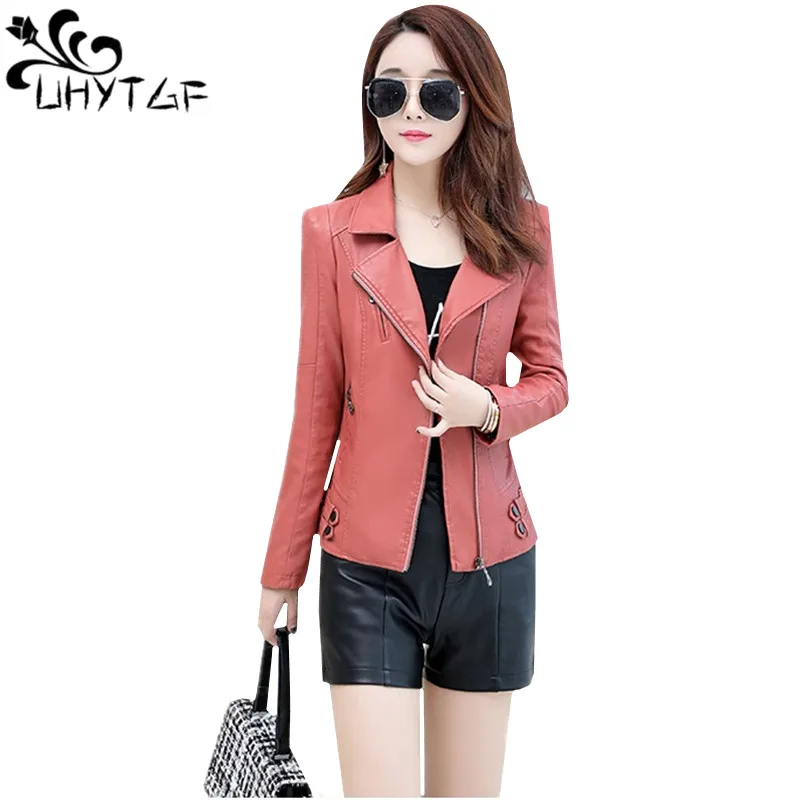 UHYTGF Sheepskin Coat Female Fashion Spring Autumn Jacket Ladies Slim Short Coats Lady 4XL Loose Size Leather Jackets Women 791