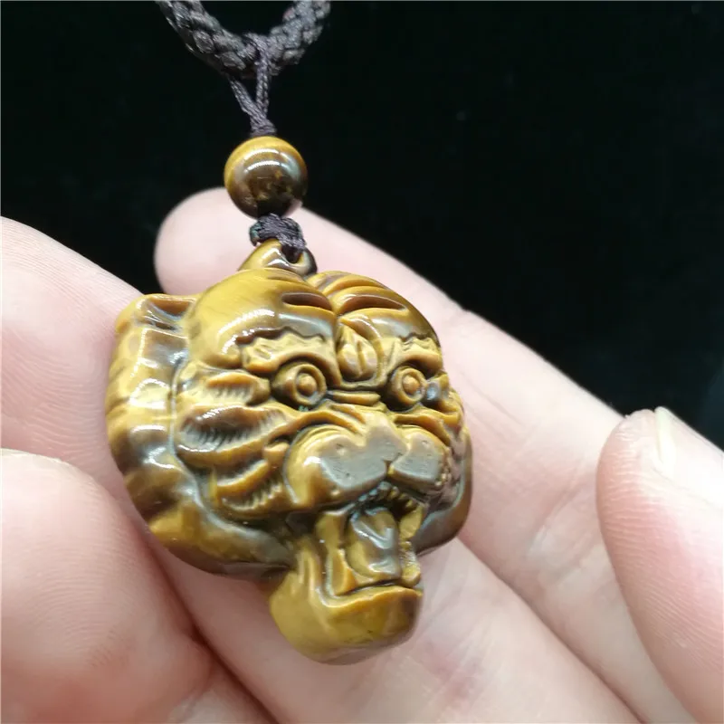 Wholesales 100% Natural Tiger's Eye Gem Hand Carved Tiger Head Pendant + free Necklace Gold Lucky Pendant Fine Jewelry