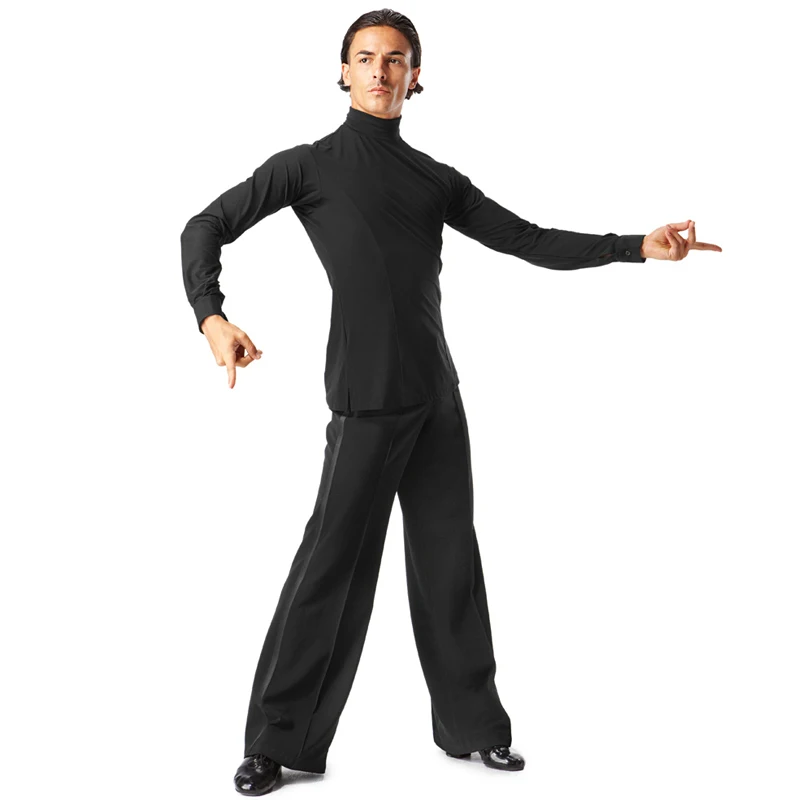 New Hot Latin Tops Men Costume Black Long Sleeve High Collar Adult Chacha Rumba Tango Professional Black Latin Dance Wear VDB644