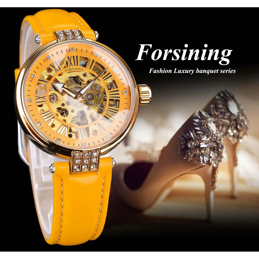Forsining Giallo Genuino Della Cinghia di Cuoio Oro Movimento del Cambio Delle Signore Del Diamante Delle Donne di Scheletro di Lavoro Aperto di