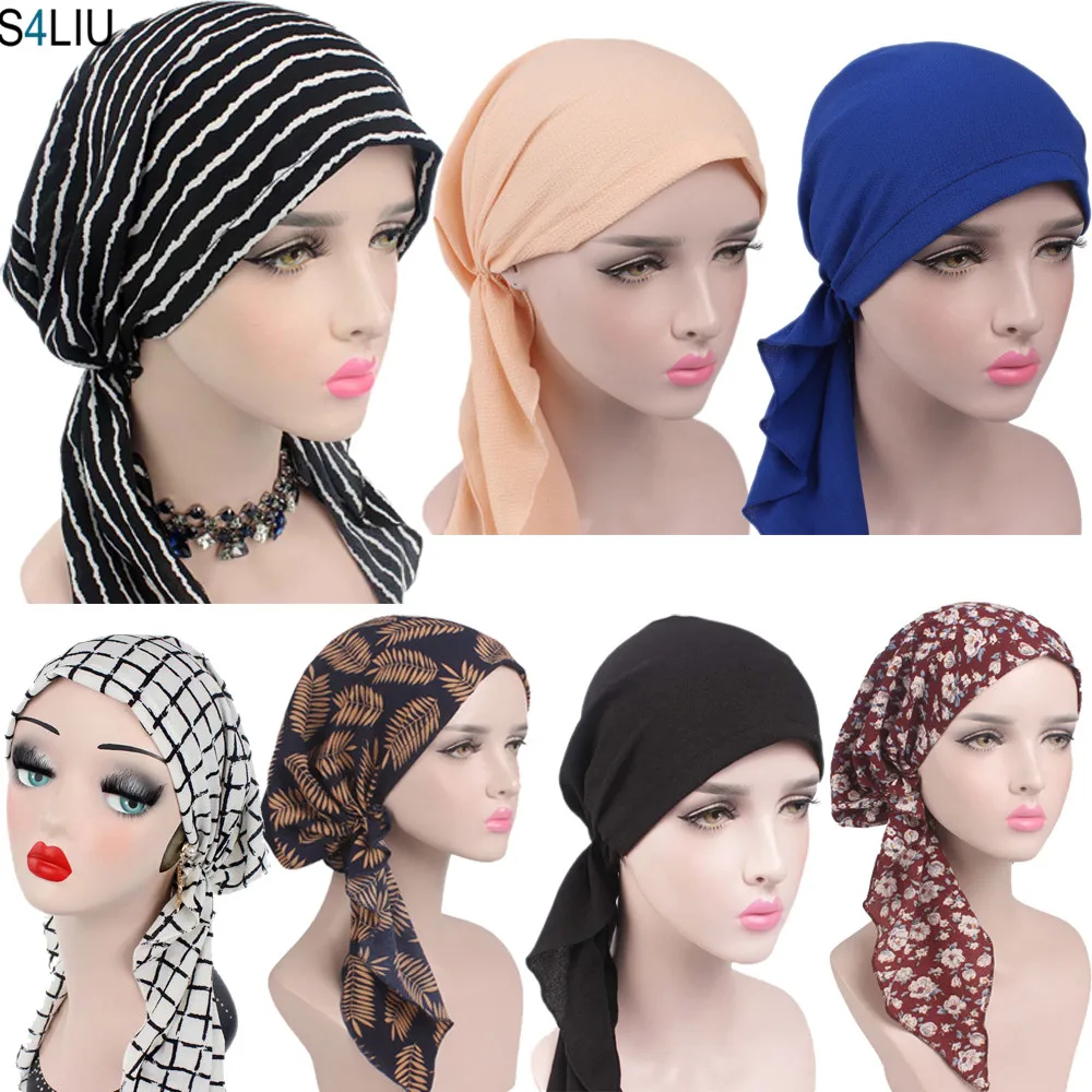 Women Stretch Bonnet Muslim Turban Hats Beanie Skullies Headscarf Wrap Chemo Lady Bandana Caps Underscarf Islamic Hair Loss Cap