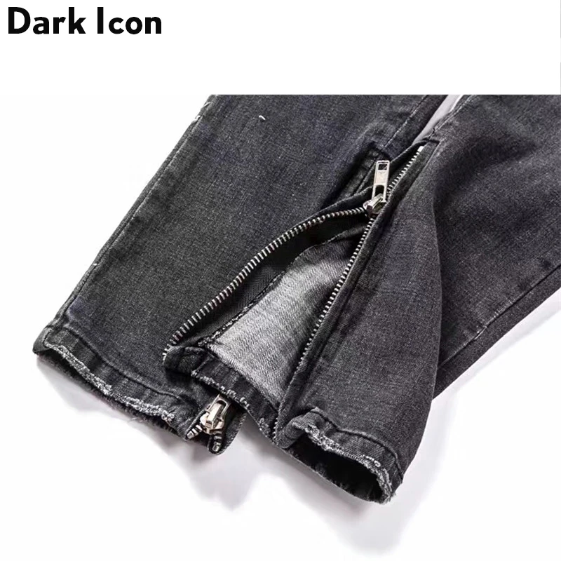 DARK ICON Pleated on Knee Men\'s Jeans High Street Motorcycle Denim Pants Men Full Length