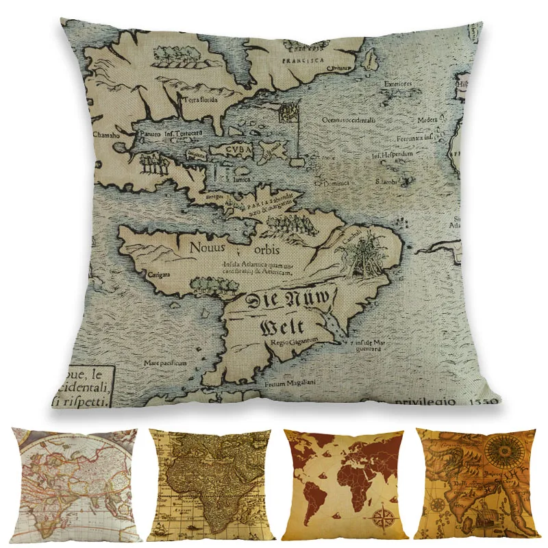 

Retro Style Old Vintage World Nautical Map Home Decoration Cushion Cover Sofa Room Chair Car Linen Cotton Throw Pillow Case