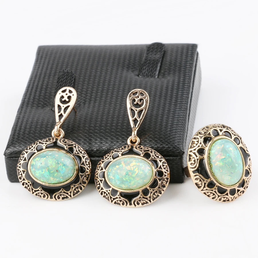 kinel Opal Ring And Earring Jewelry Set Black Enamel Antique Gold 2pc Vintage Jewelry For Women Luxury Party Gift