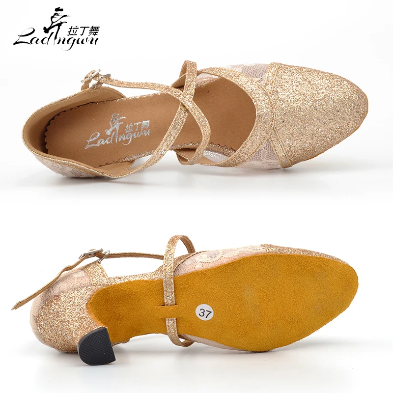 Ladingwu 2018 New Spring and Summer Closed toe Dance Shoes Latin Woman Salsa Flash Cloth And Lace Golden/Black Women Dance Shoes