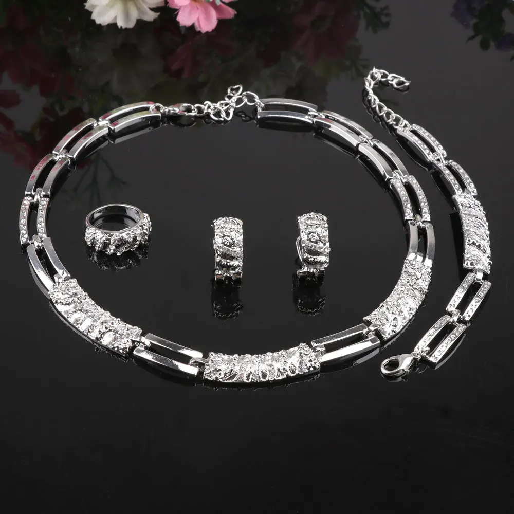 Silver plated Women jewelry sets with earrings statement necklace for party wedding boho crystal Trendy fashion necklace