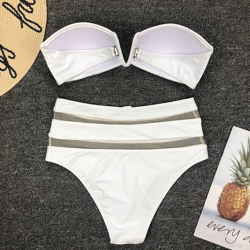 2024 New Sexy High Waist Bikini Women Mesh Swimsuit Push Up Swimwear Off Shoulder Bikini Set Solid Bathing Suit Summer Beachwear